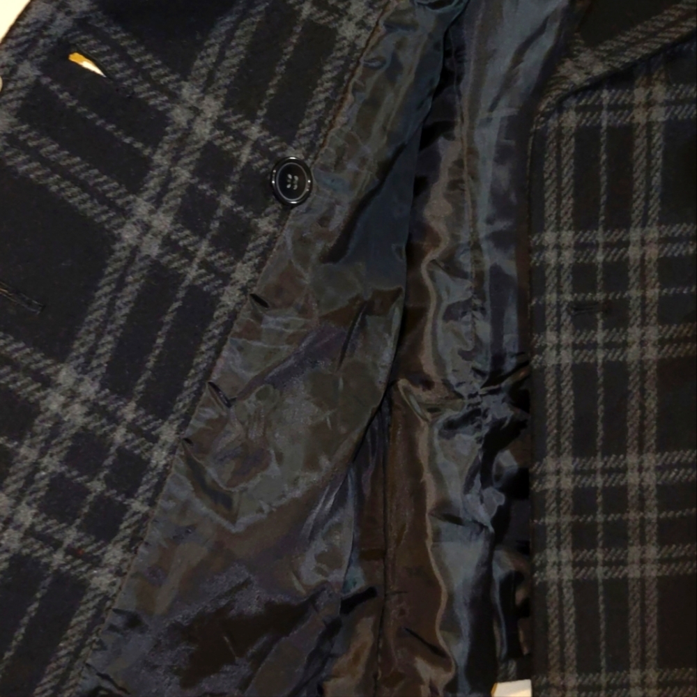 Giacca Plaid Black & Gray Wool Blend Military Style Peacoat - Picture 5 of 7